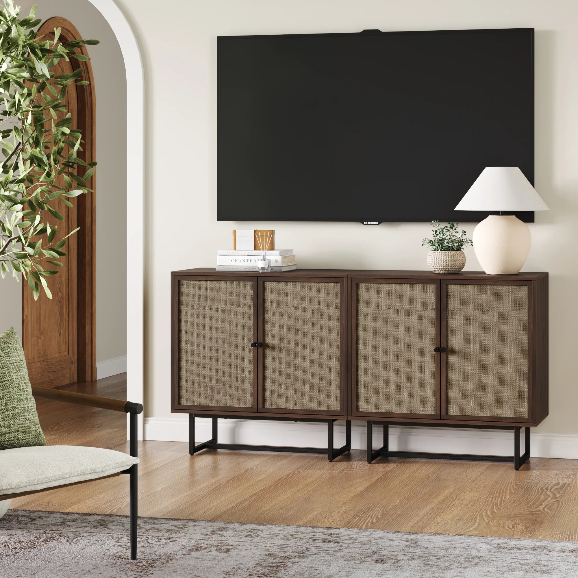 Rattan TV Console Credenza Walnut (Set of 2) | Nathan James