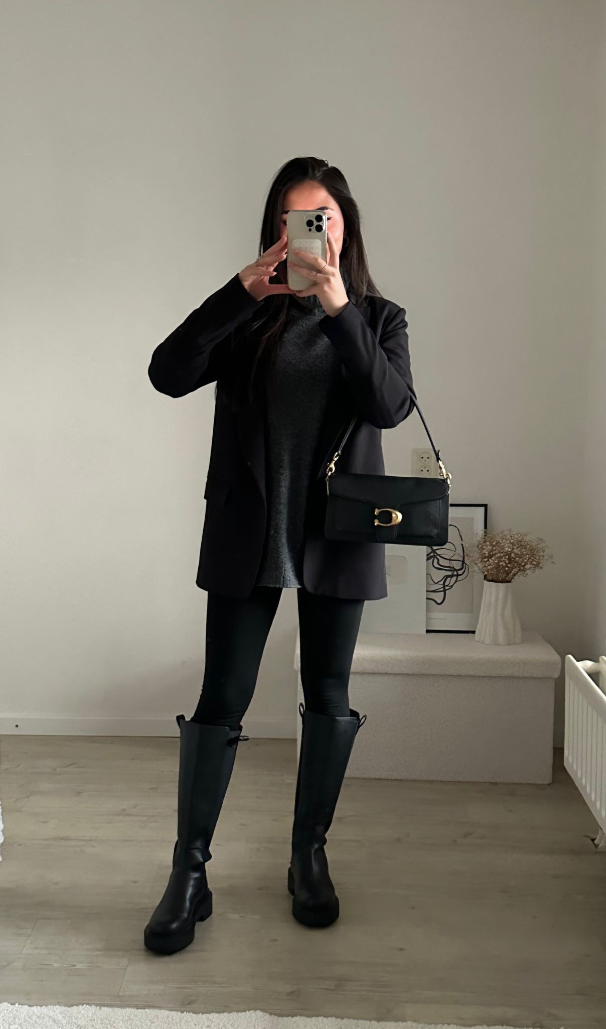 Black blazer, grey sweater, leggings & knee high boots outfit combo 🖤

outfit inspiration, H&M, fall outfit, coach tabby shoulder bag, oversized grey sweater, biker boots, black leggings, Nederland. 

#LTKeurope #LTKstyletip #LTKSeasonal