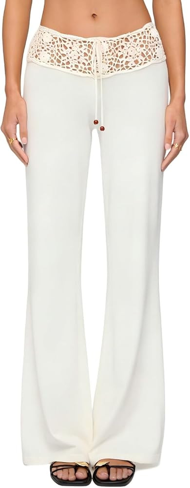 Women Summer Crochet Knit Pants Y2k Low Waist Drawstring Cover Up Pant Sexy Wide Leg Stretchy Hol... | Amazon (US)