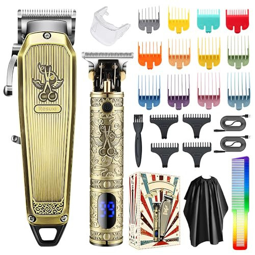 Professional Hair Clippers for Men Electric Beard Trimmer Cordless Barber Clippers for Hair Cutting with T Liners Rechargeable Hair Clipper and Trimmer Set with LED Display (Gold) | Amazon (US)