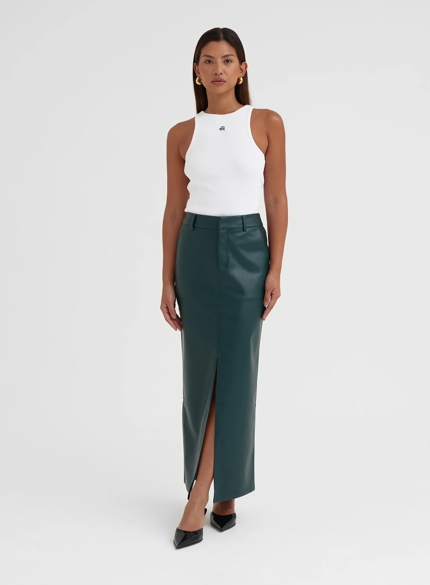 Green Split Front Faux Leather Midaxi Skirt - Nimah | 4th & Reckless