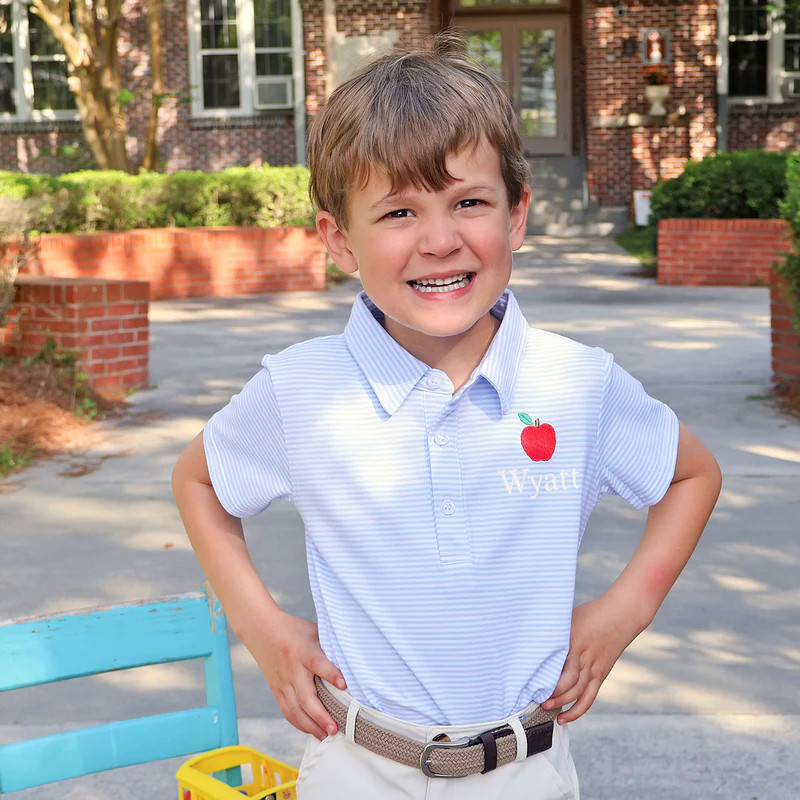 Darling Apple Light Blue Stripe Polo | Classic Whimsy