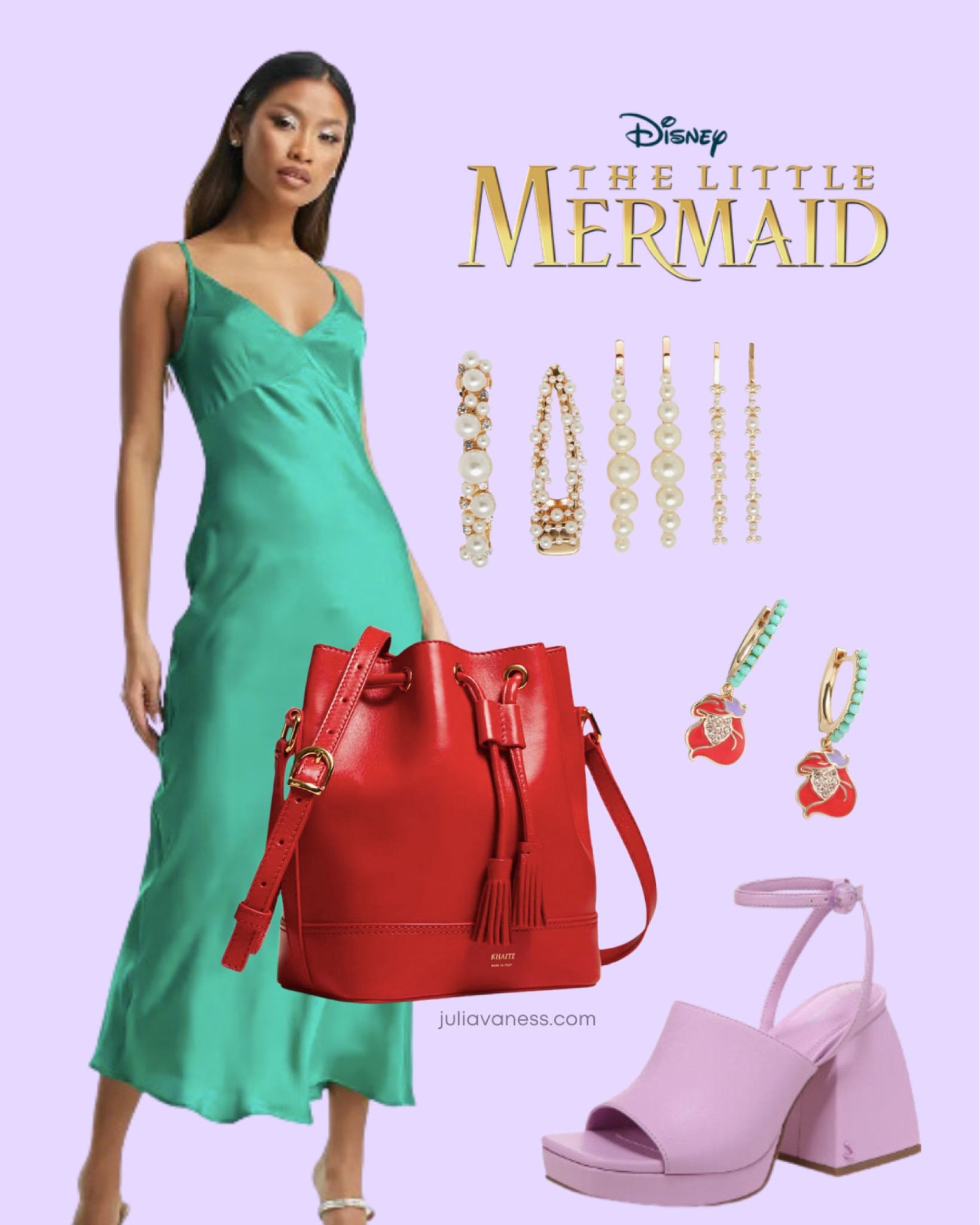 Ariel Disneybound #satindress #greendress #redbag #bucketbag #totebag #baublebar #disney #disneyland #disneyoutfit #disneystyle #disneybound #arieldisneybound #littlemermaid #thelittlemermaid #pearlclips 