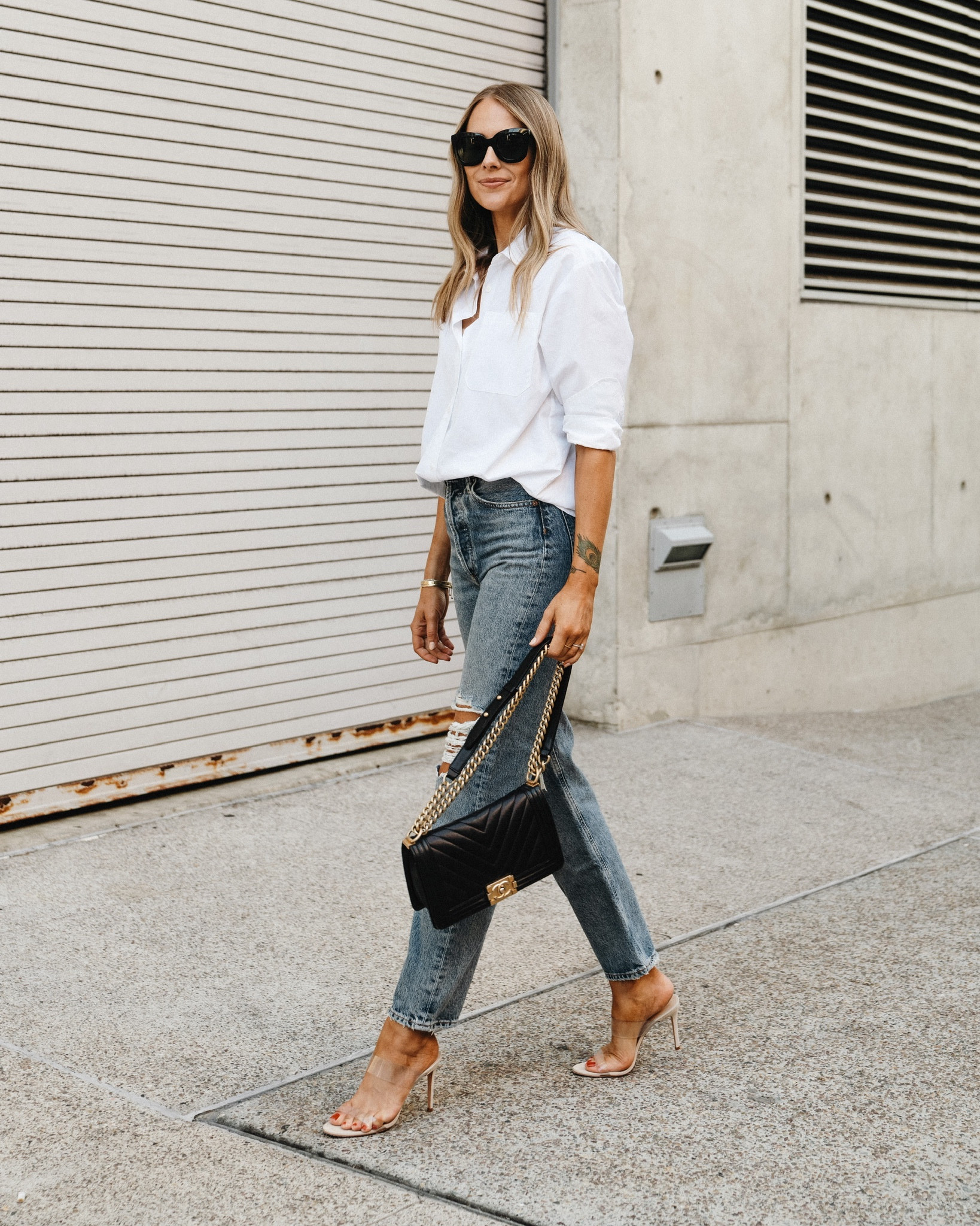 Fashion Jackson wearing jenni maybe white boyfriend shirt (XS), AGOLDE jeans, clear heeled sandals, #fashionjackson #falloutfits 

#LTKstyletip #LTKunder100 #LTKSeasonal