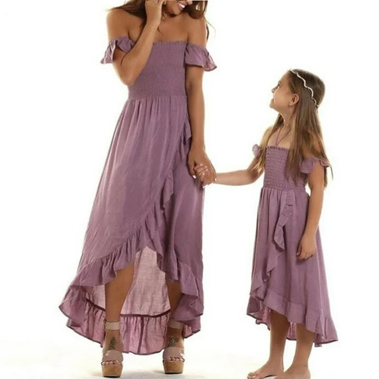 Mommy and Me Off-shoulder Long Dress Summer Maxi Dress Women Little Girl Beach Vacation Dresses | Walmart (US)