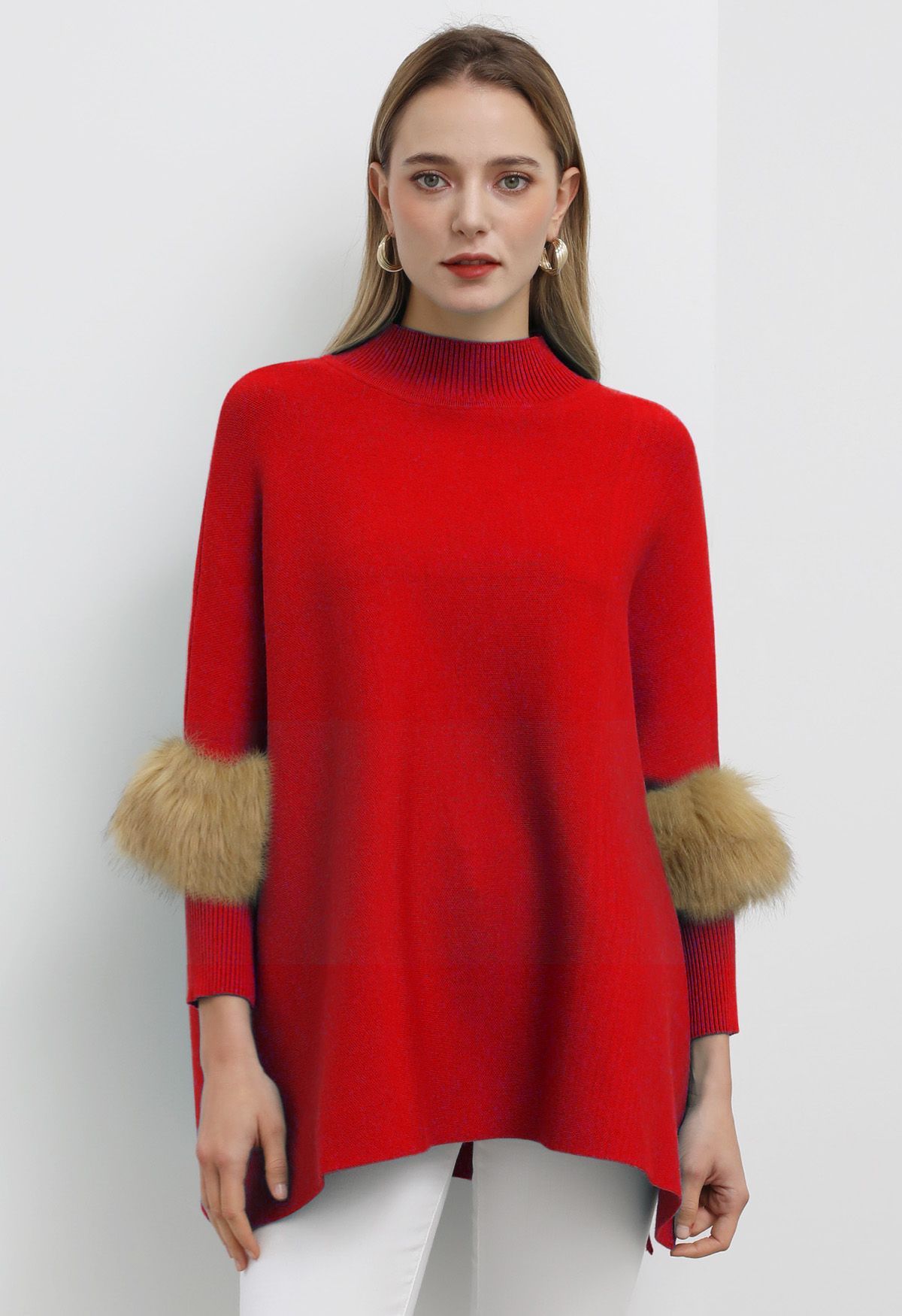 Faux Fur Sleeve Split Hem Knit Poncho in Red | Chicwish