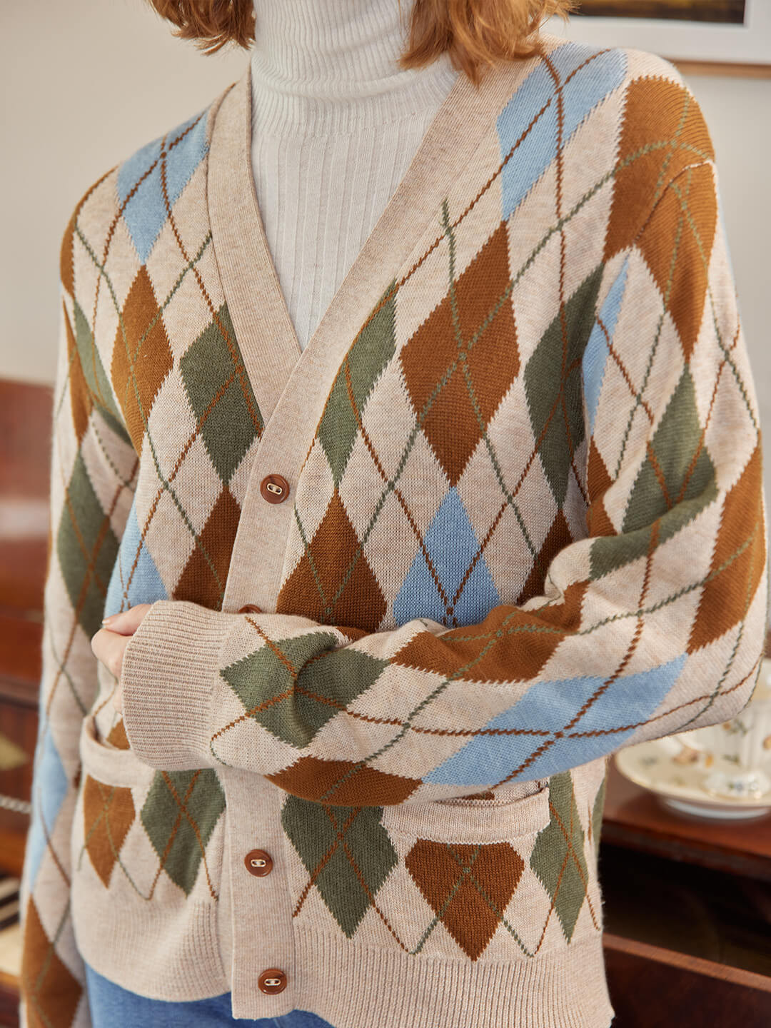 Jolene Argyle Patterned Khaki Knit Cardigan | SimpleRetro