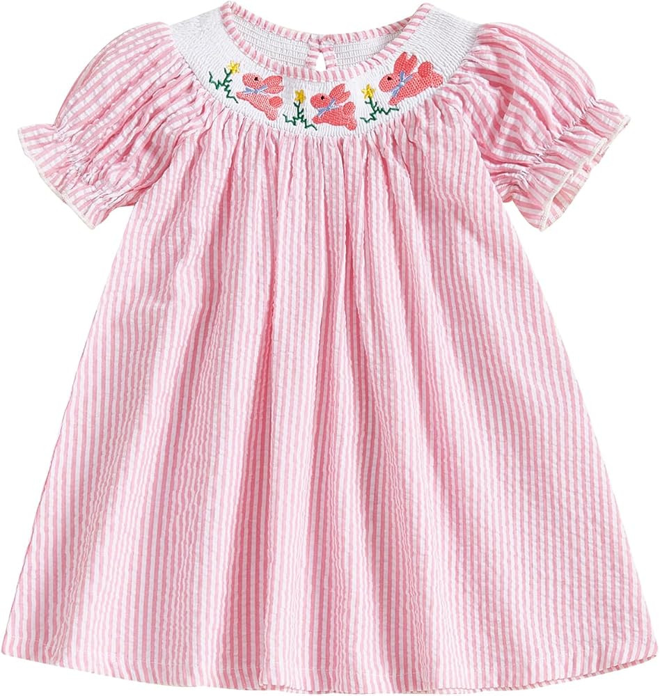 Baby Girl Easter Outfit Smocked Romper Dress Rabbit Embroidery Short Puff Sleeves Bodysuit Jumpsu... | Amazon (US)