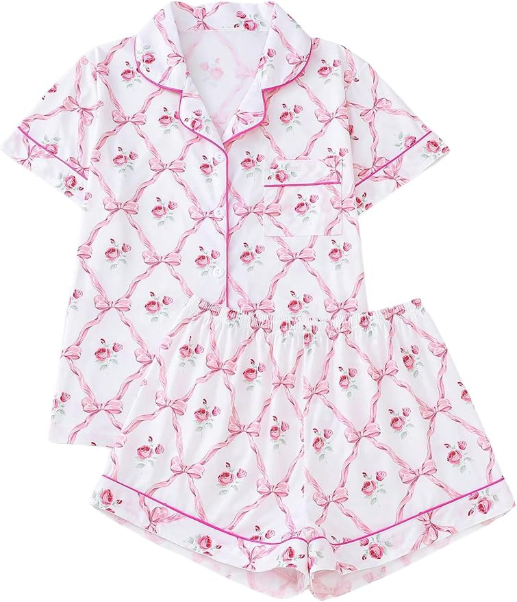 Verdusa Women's 2 Piece Floral Bow Pajama Set Short Sleeve Button Down Shirt and Shorts Set | Amazon (US)
