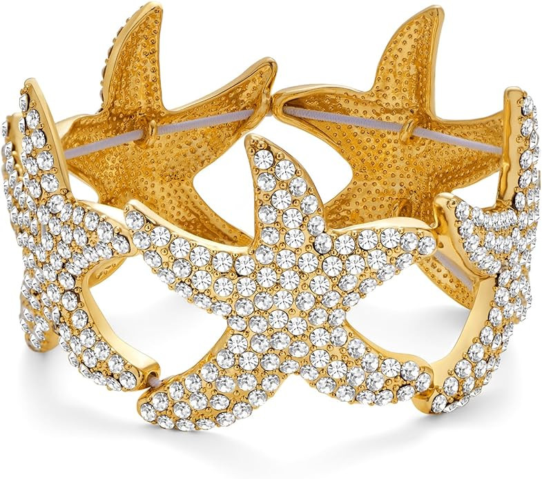 Chunky Starfish Bangle Bracelets for Women Trendy Shiny Crystal Sea Star Elastic Bracelet Vintage... | Amazon (US)