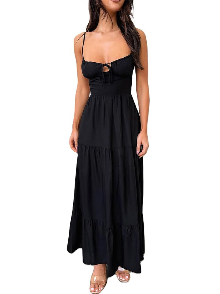 Y2K Women's Long Spaghetti Strap Low Cut Backless Flowy Maxi Dress - Clubwear | Amazon (US)