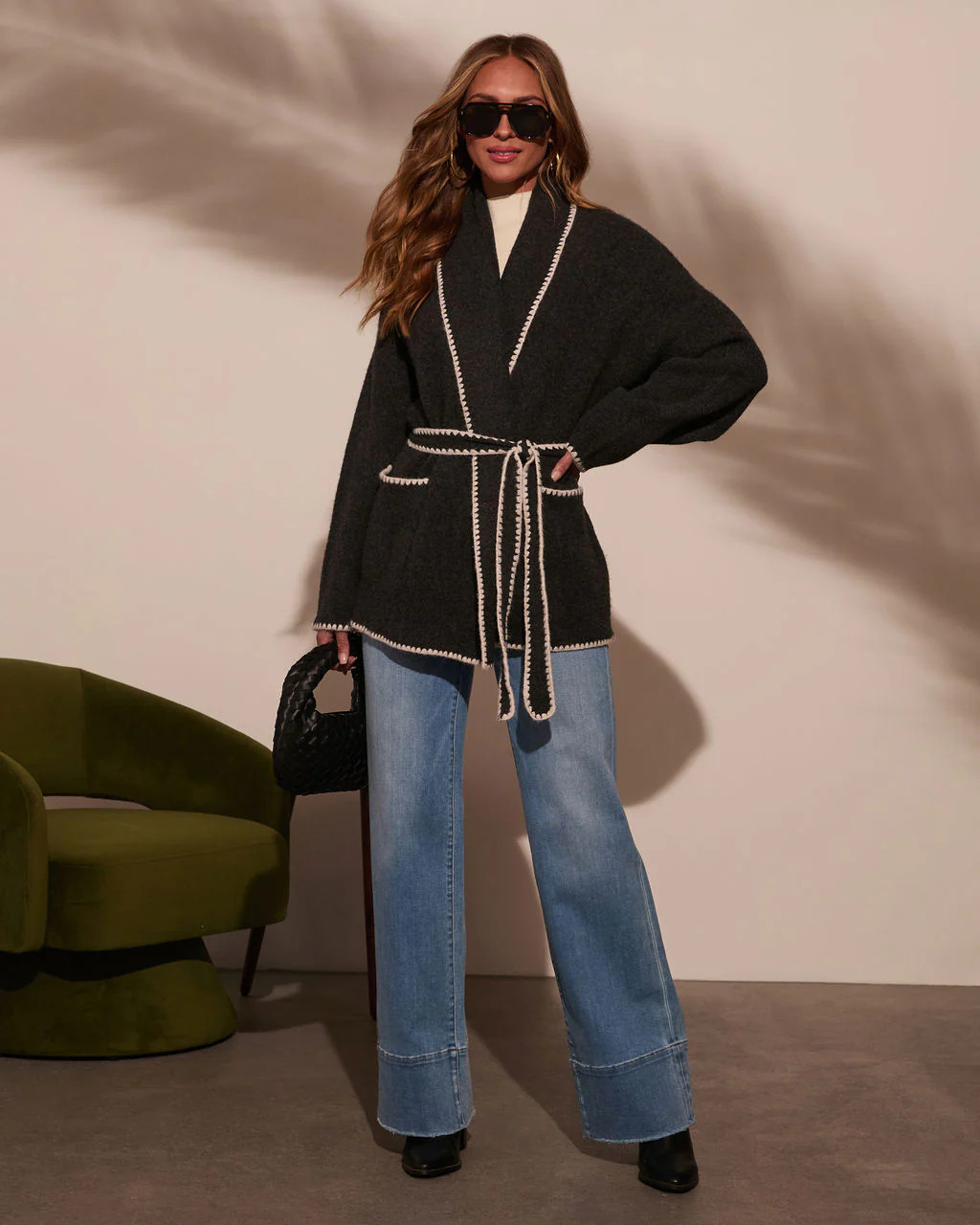 Frostfall Bliss Contrast Waist Tie Cardigan | VICI