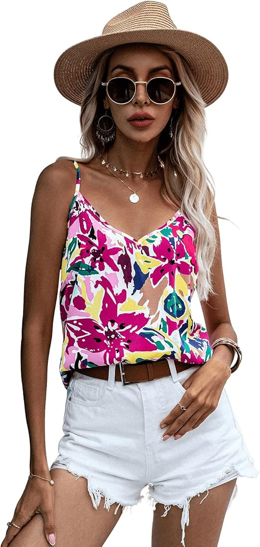 SweatyRocks Women's V Neck Floral Print Cami Tank Top Sleeveless Blouse Shirt | Amazon (US)