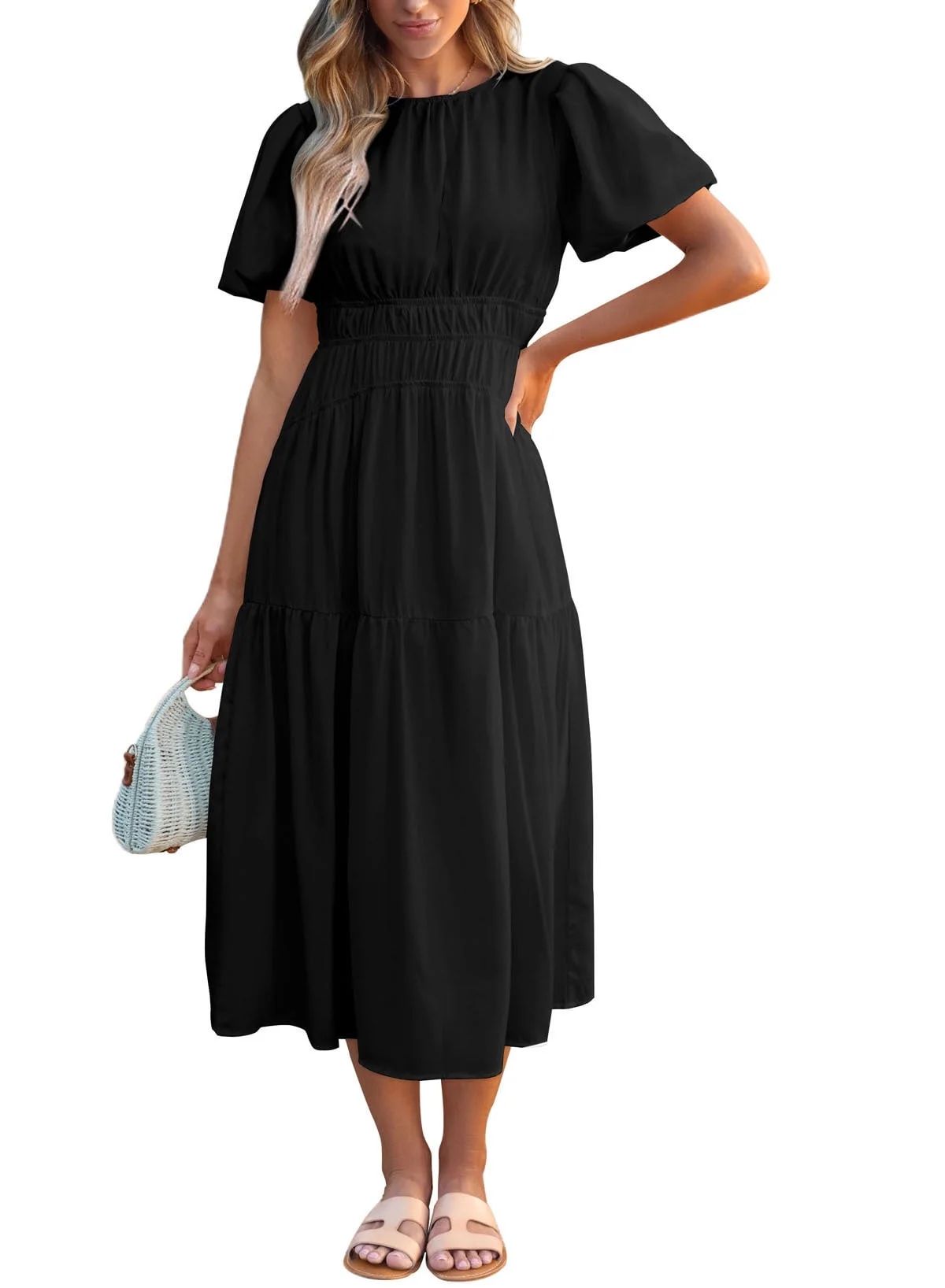 Dokotoo Women's Midi Dresses Trendy 2024 Bubble Sleeve Crew Neck Midi Dress Casual Little Black C... | Walmart (US)