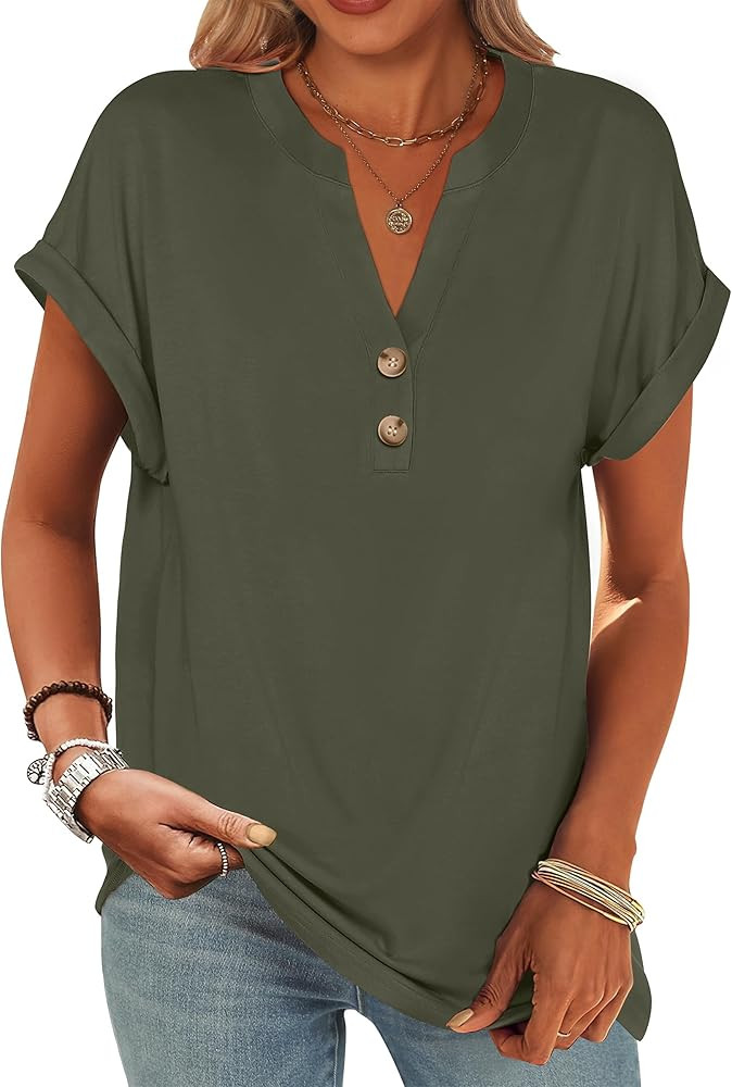 ANRABESS Womens Short Sleeve Henley Tops V Neck Dressy Casual Blouses Summer Trendy Tee Shirts 20... | Amazon (US)