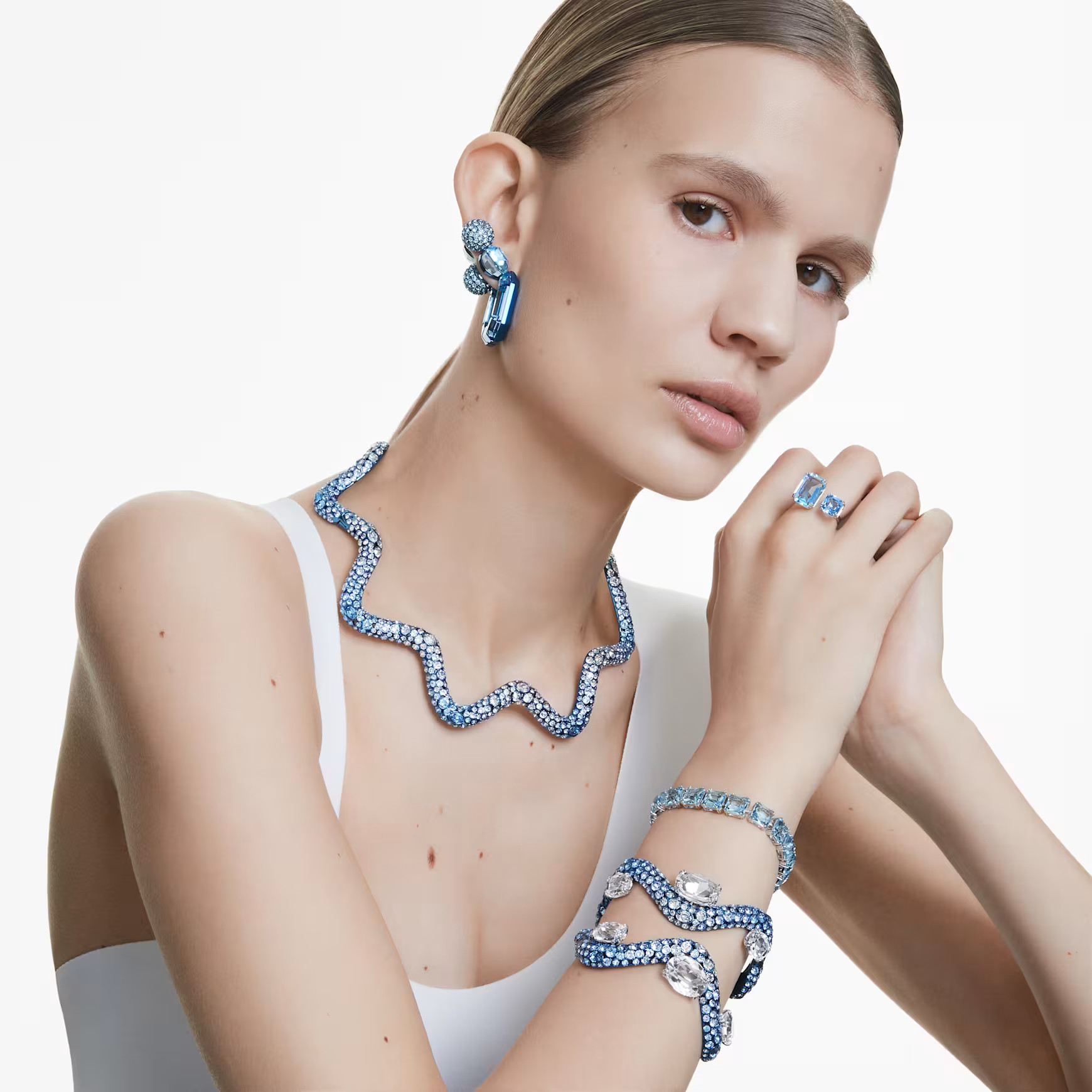 Millenia open ring, Octagon cut, Blue, Rhodium plated by SWAROVSKI | SWAROVSKI