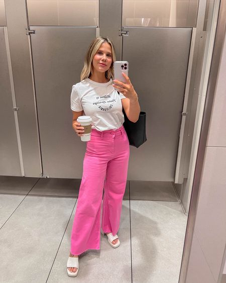 Palm Springs outfit // Palm Springs t shirt // pink wide leg pants // hot pink wide leg jeans // Palm Springs Bachelorette // Barbie outfit // barbie movie // barbie core 

#LTKstyletip #LTKsalealert #LTKunder100