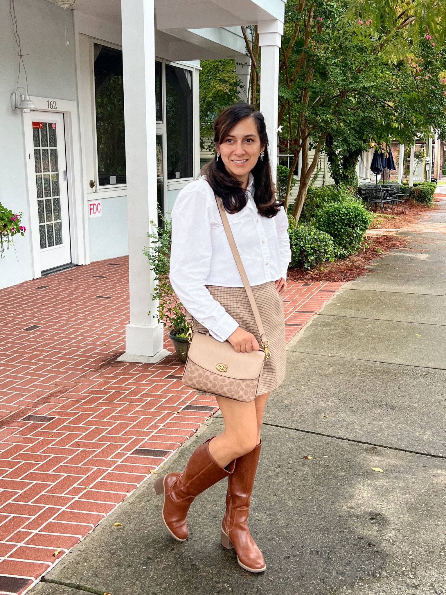 Mini skirt, button up blouse, calf length boots 
BrandiKimberlyStyle, fall fashion, trends 

#LTKStyleTip #LTKOver40 #LTKSeasonal