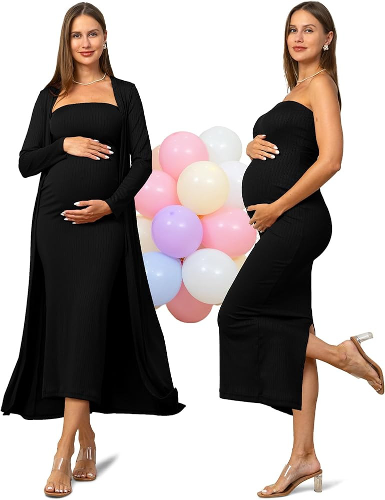 Rnxrbb 2 Piece Maternity Dress Cardigan Baby Shower Bodycon Fall Tube Maternity Dresses Long Gend... | Amazon (US)