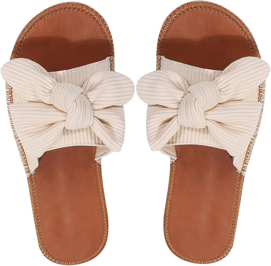 OYOANGLE Women's Bow Knot PU Leather Open Toe Flat Sandals Summer Slip on Slide Sandal | Amazon (US)