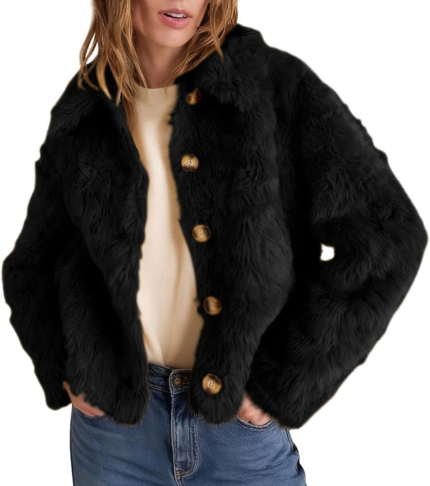 loveimgs Women Cute Fuzzy Faux Fur Jacket Button Down Cropped Teddy Jacket Winter Warm Fluffy Sho... | Amazon (US)