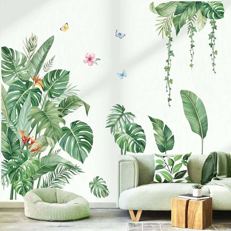decalmile Large Green Leaves Wall Decals Tropical Palm Leaf Plant Wall Stickers for Living Room S... | Amazon (US)