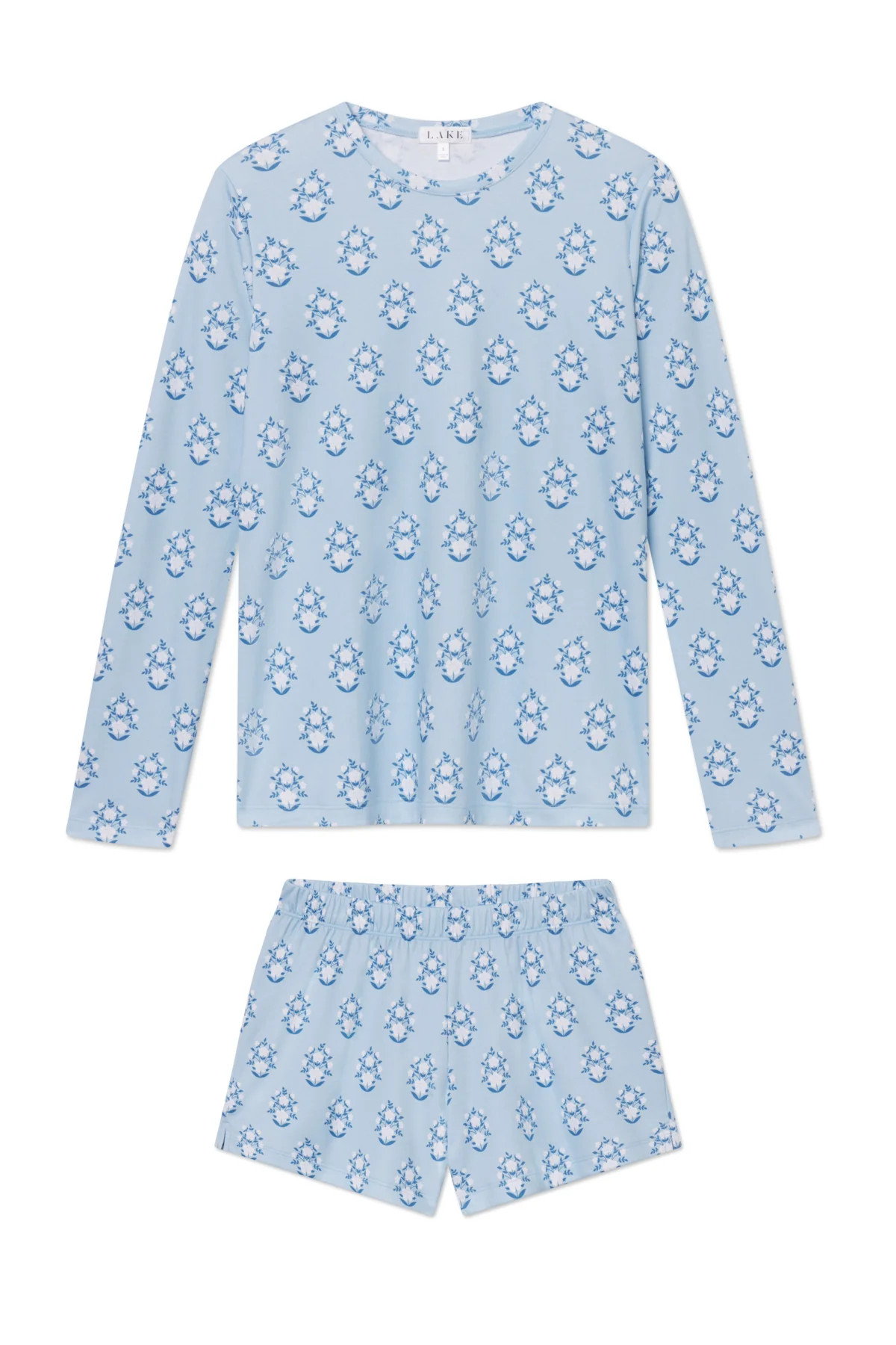 Pima Crew Long-Short Set in French Blue Cottage Floral | Lake Pajamas