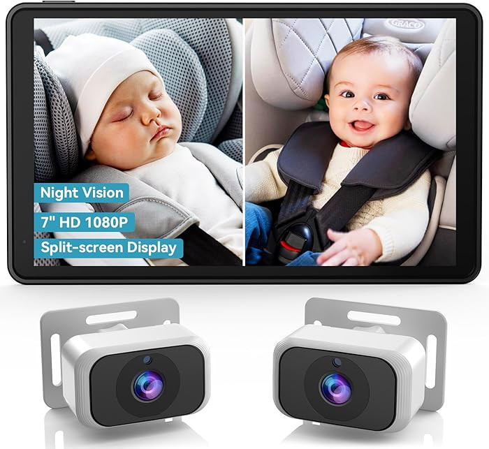 Baby Car Camera for 2-Kids: 7 Inch IPS Display with Dual Carseat Cameras, Split Screen, Night Vis... | Amazon (US)