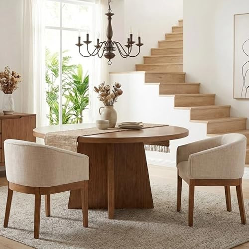Wahson Mid Century Barrel Dining Chairs Set of 2, Beige Dining Room Chairs with Arms, Linen Upholstered Kitchen Chairs with Natural Wood Legs, for Bedroom/Living | Amazon (US)