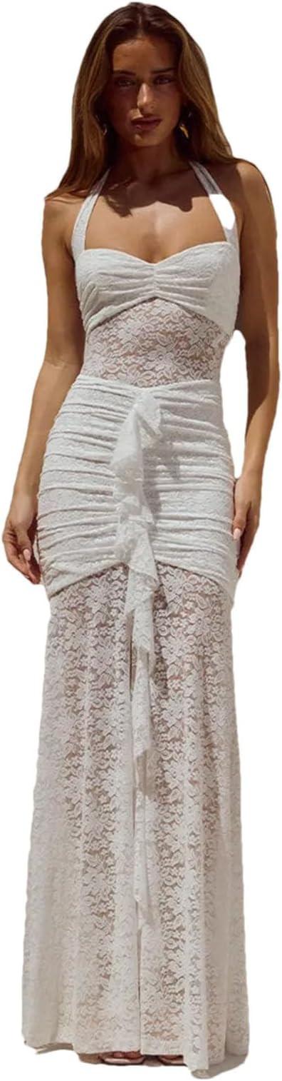 Women Lace Draped Ruched Sexy Maxi Patchwork Halter Sleeveless Backless Bodycon Club Long Dress | Amazon (US)