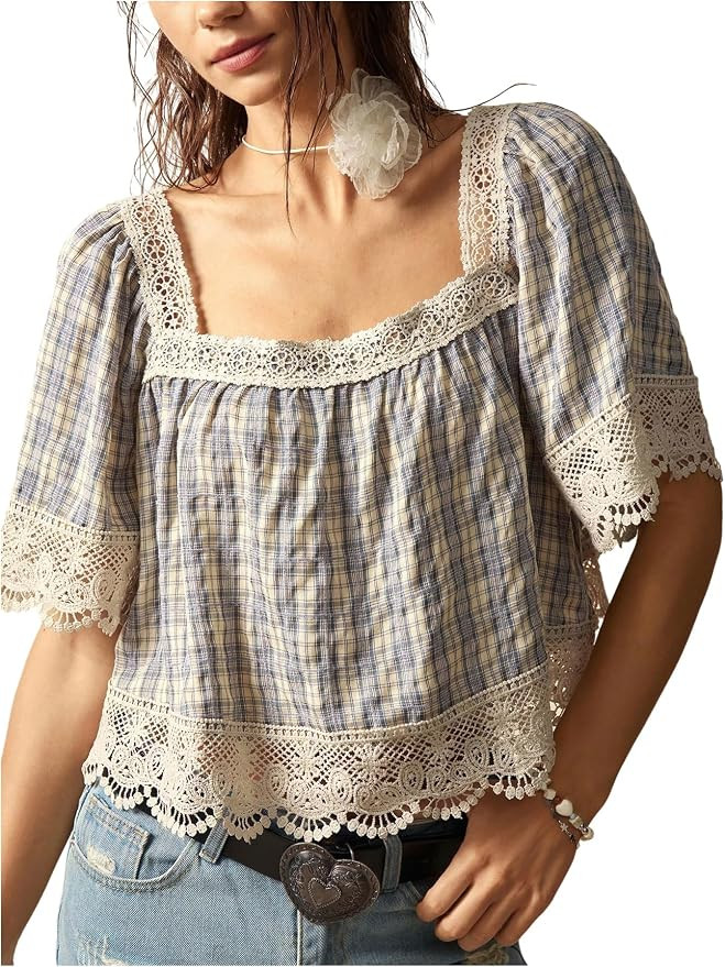 SHENHE Women's Plaid Blouse Crochet Lace Square Neck Cottagecore Crop Top | Boho, Short Sleeve, V... | Amazon (US)