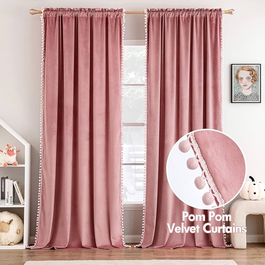 MIULEE Blush Pink Pom Pom Velvet Curtains for Bedroom/Living Room Darkening Thermal Insulating 96 Inches Long Blackout Curtains with Rod Pocket for Girls Room/Nursery/Home Theater Set of 2 | Amazon (US)