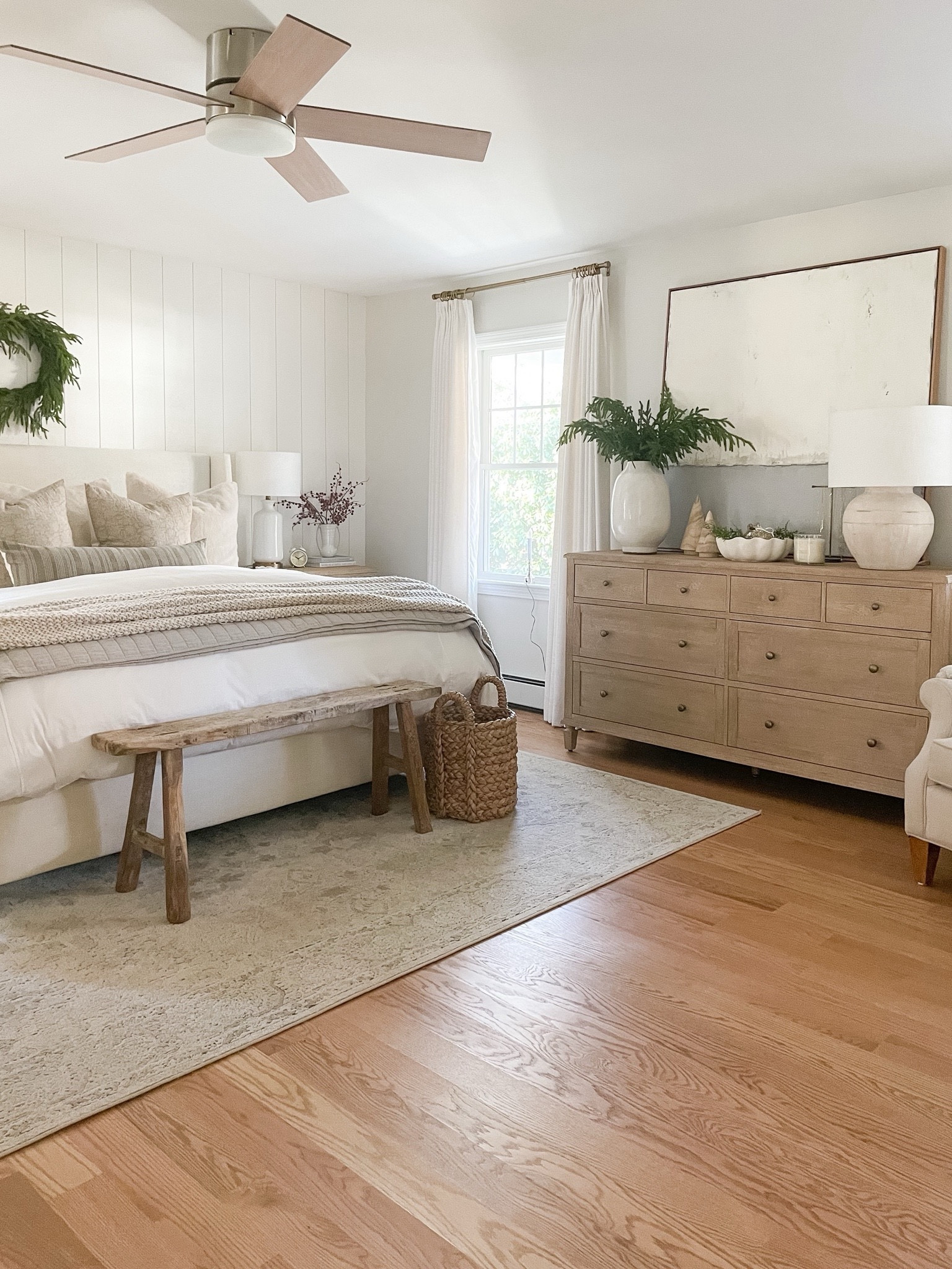 Modern coastal bedroom, pottery barn bedroom furniture, dresser, upholstered bed, Loloi rug, lamp, bedding, vintage bench 

#LTKHoliday #LTKSeasonal #LTKHome