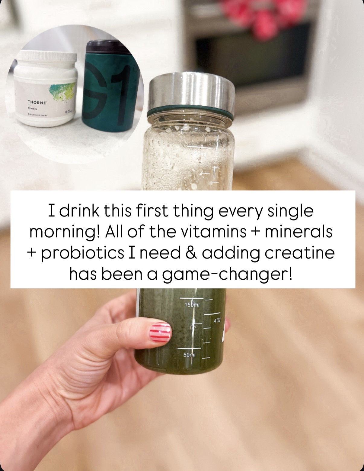 My daily greens drinks with vitamin vitamins, minerals, probiotics, and more. I add two scoops of the creatine to my drink, along with vitamin D drops. I also take iron. 

#LTKselfcare #LTKdayinmylife #LTKmorningroutine