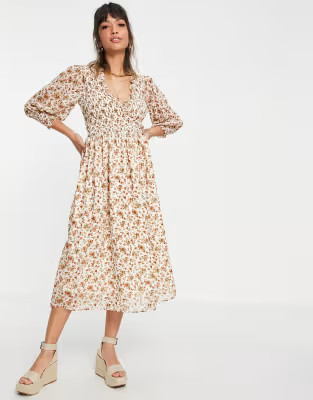 ASOS DESIGN midi smock dress with shirred cuffs in cream floral print | ASOS (Global)