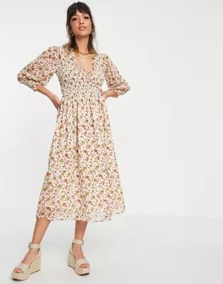 ASOS DESIGN midi smock dress with shirred cuffs in cream floral print | ASOS (Global)