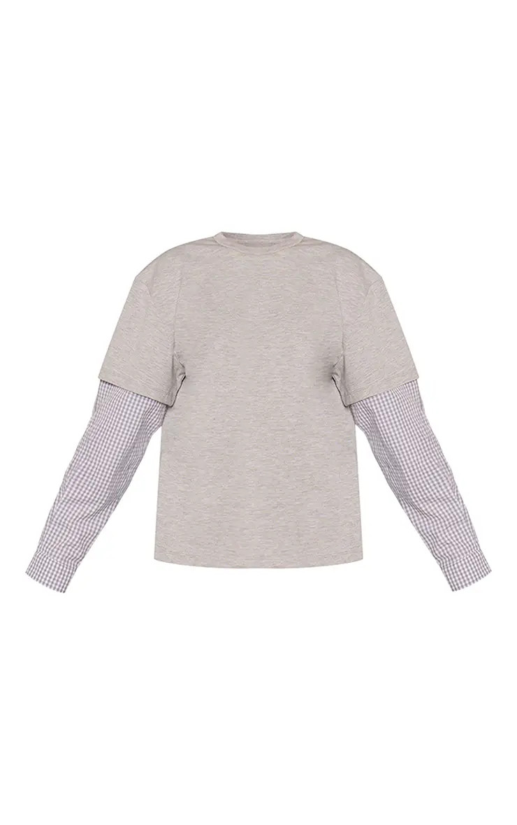 Grey Cotton Checked Shirt Sleeve Detail Oversized T-Shirt | PrettyLittleThing UK