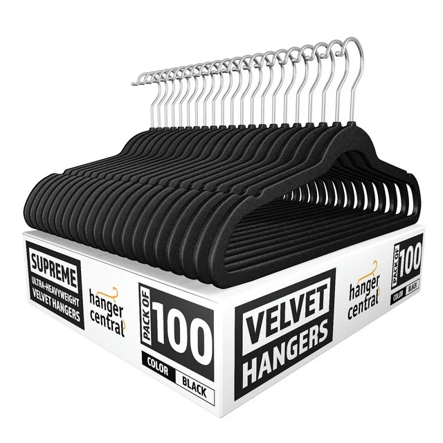 Hanger Central Velvet Heavy Weight Clothing Hanger, 100 Pack, Black | Walmart (US)