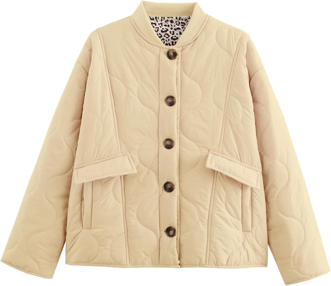HOULENGS Women's Lightweight Quilted Jacket Casual Button Down Puffer Outerwear Leopard Lined Bom... | Amazon (US)