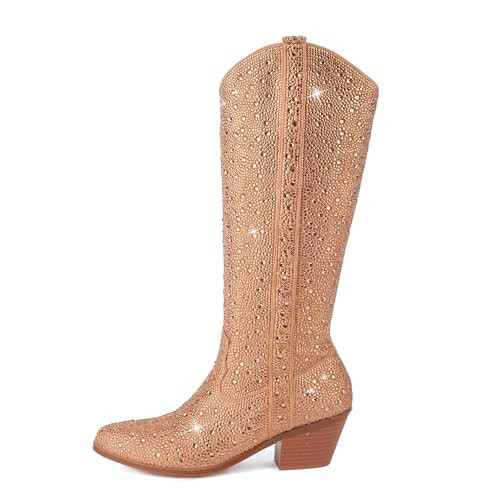CSHO Women's Rhinestone Silver Gold Western Cowboy Boots, Side Zipper Knee High for Women Chunky Heels Cowgirl Boots, Rhinestone-golden, 6 US | Amazon (US)