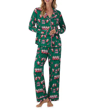 Room Service Long Sleeve Notch Collar Cozy Jersey Santa Print Long Holiday Pajama Set | Dillard's | Dillard's