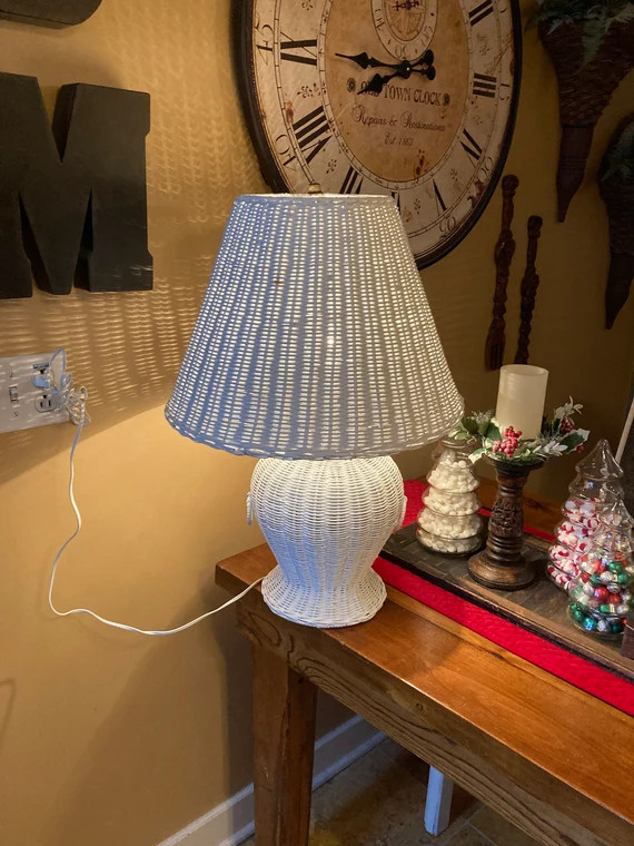 Vintage Large Table White Wicker Lamp With Shade | Etsy | Etsy (US)