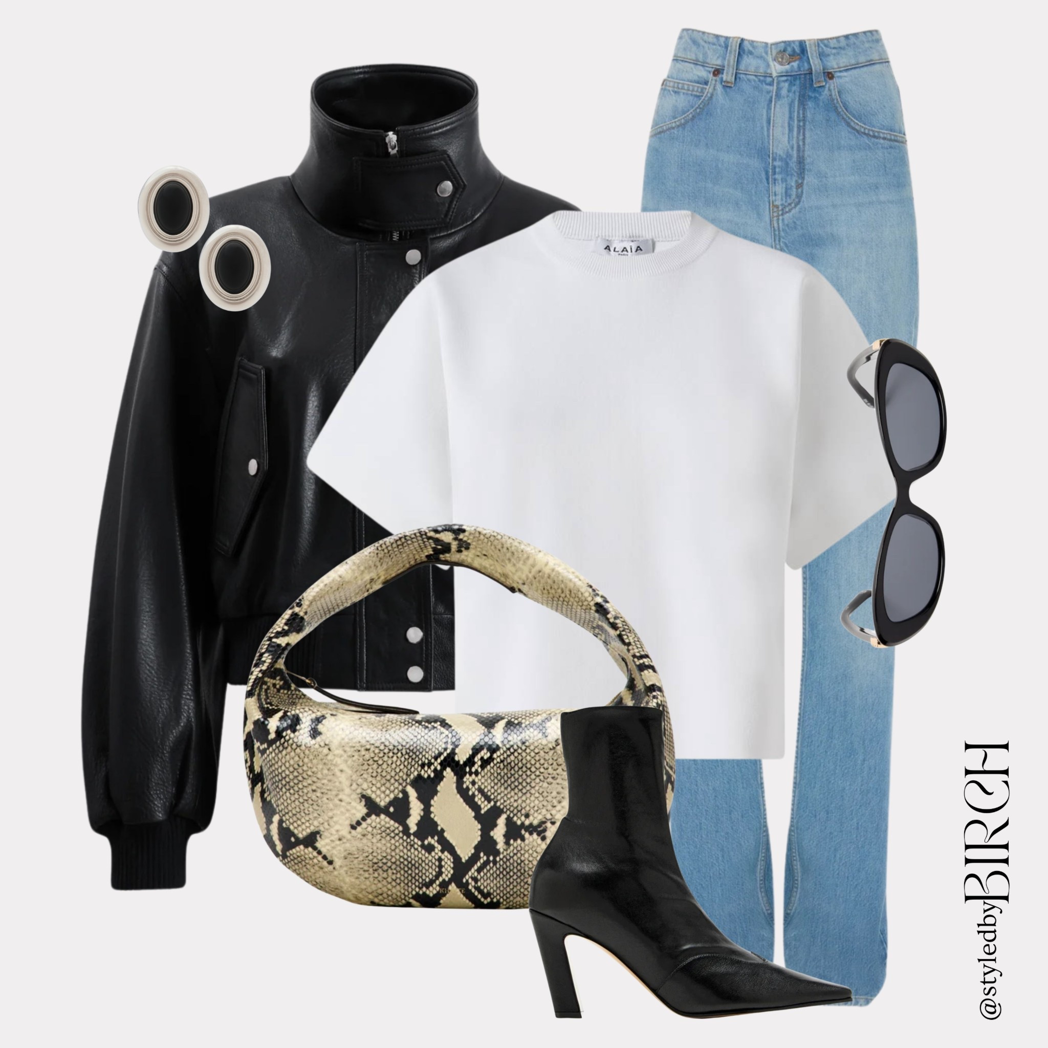 Cool girl energy🖤

Tags 🏷️
White structured tee, light wash straight leg jeans, black leather jacket, pointed black heeled boots, statement snake print shoulder bag, oversized black sunglasses, chunky statement earrings

#LTKmomlife #LTKSeasonal #LTKootd