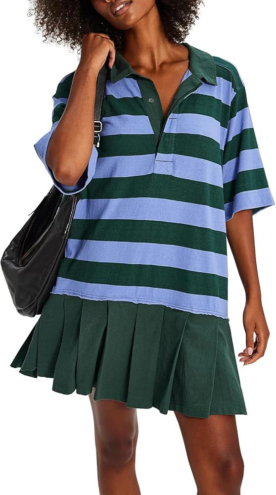 Womens Polo Collared Mini Dress 2025 Short Sleeve Striped Pleated Patchwork Flowy A Line Casual T... | Amazon (US)