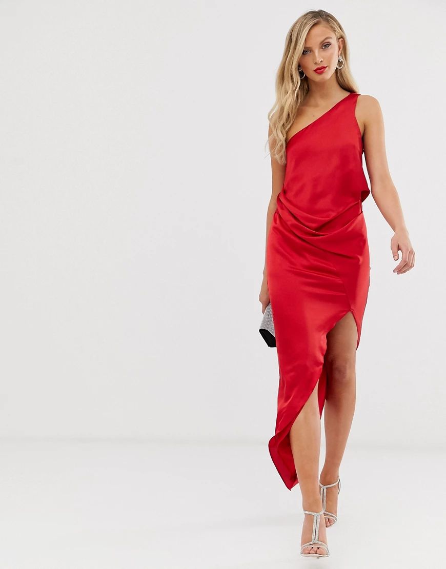 ASOS DESIGN one shoulder drape midi dress in satin in red | ASOS (Global)