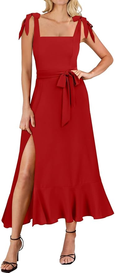 ANRABESS Women's Square Neck Ruffle Split Midi Elegant Formal Wedding Guest Cocktail Bridesmaid G... | Amazon (US)