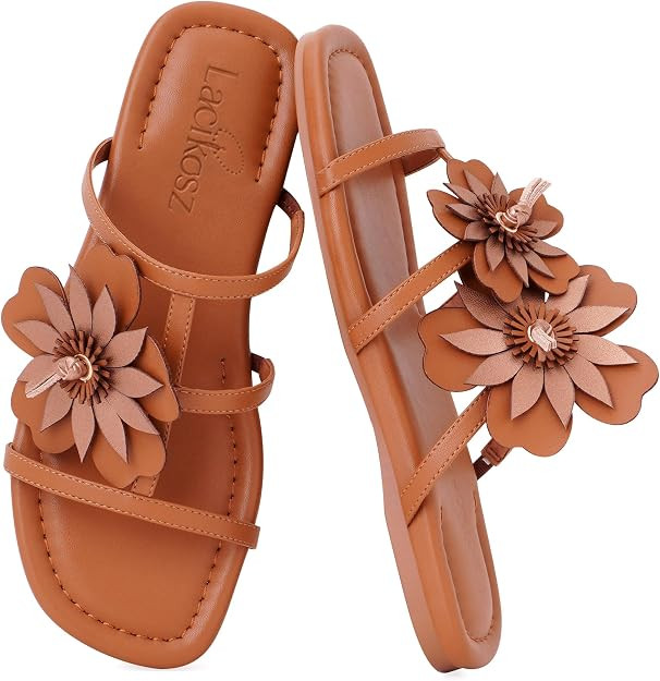 Women’s Flower Flat Slide Sandals Open Toe Dressy Summer Vacation | Amazon (US)