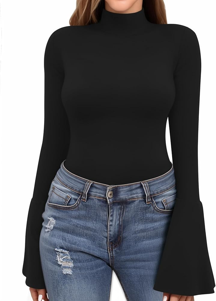 MANGOPOP Long Sleeve Mock Neck Shirts for Women Bell Sleeve Turtle Neck Tops Basic Going Out Tee ... | Amazon (US)