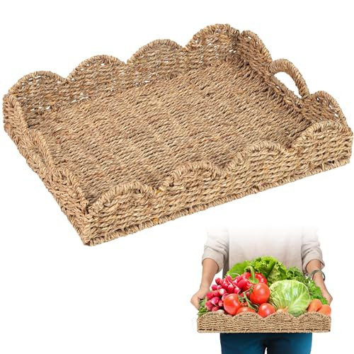 Scalloped Seagrass Tray, Hand-Woven Wicker Storage Baskets with Scalloped Edge and Handles (17x13x3in) Rectangular Handwoven Trays, Seagrass Basket for with Built-in Handles (Dark Brown) | Amazon (US)