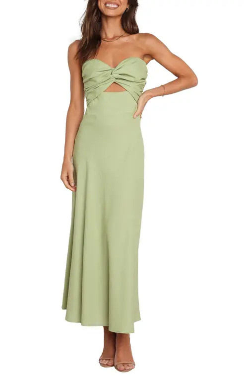 Petal & Pup Rosetta Cutout Cotton & Linen Strapless Dress in Olive at Nordstrom, Size 14 | Nordstrom